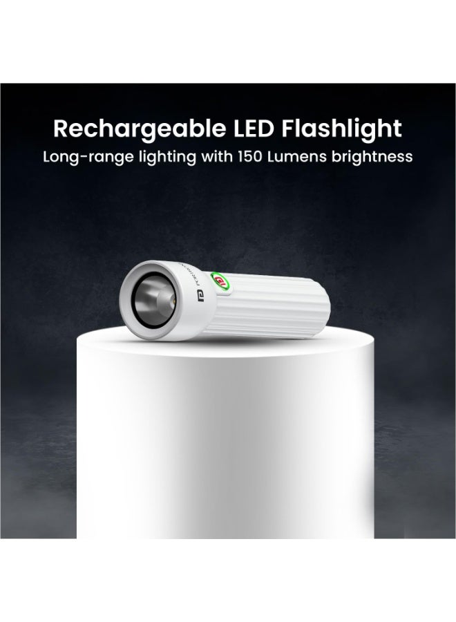 بورترونيكس Portronics Eco Glow Mini LED Torch Light with USB Rechargeable Battery, Compact Size Flashlight, Dual-Brightness Levels, SOS Emergency Light Mode, for Home, Outdoor, Camping, Travel (White) - Image 3